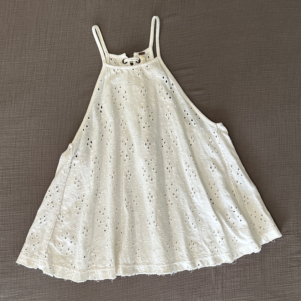 Free People Women’s Small White Eyelet Top Raw Hem Lace Up Back Embroidered Boho